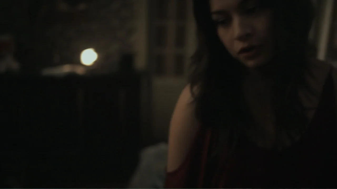 Silent House (2011) movie still: medium — A dimly lit interior room features a distant warm light source in the background. A young woman with dark…