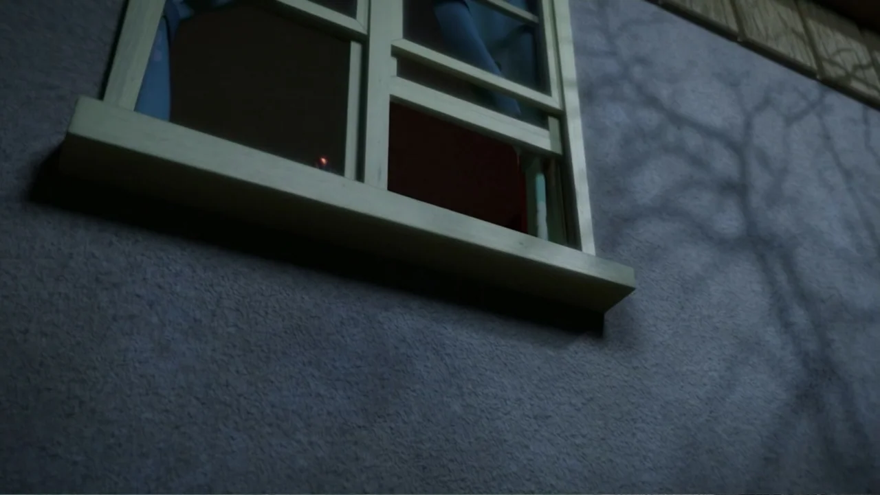 Sausage Party (2016) movie still: medium — A stucco house exterior wall features a single wooden window frame with draped curtains. The shadow of…