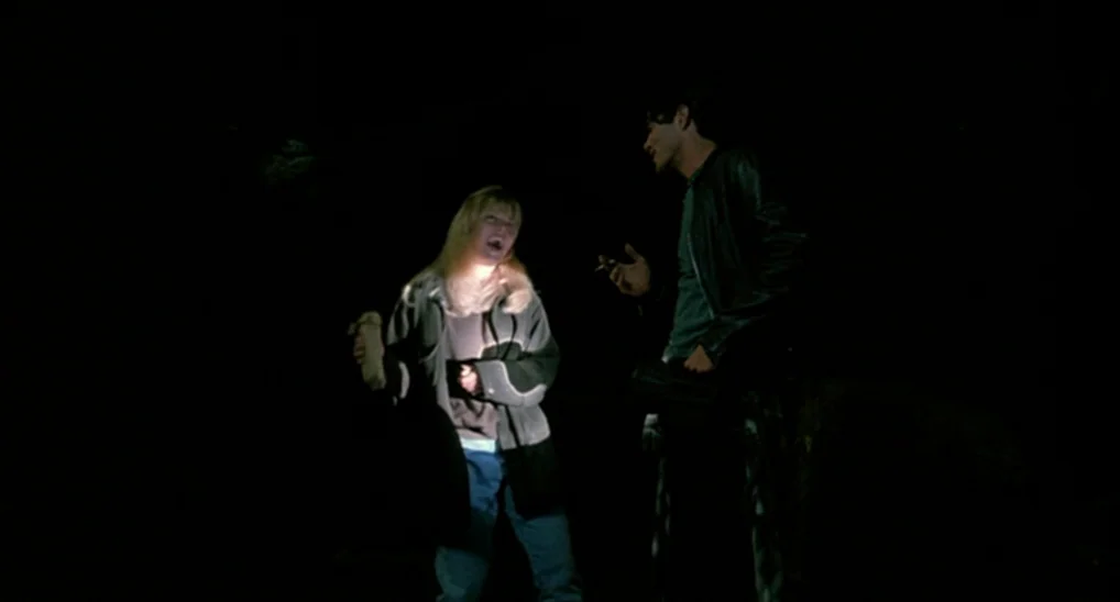 Twin Peaks: Fire Walk With Me (1992) movie still: medium — A dark outdoor space at night lit only by a handheld flashlight. A woman gesturing while…