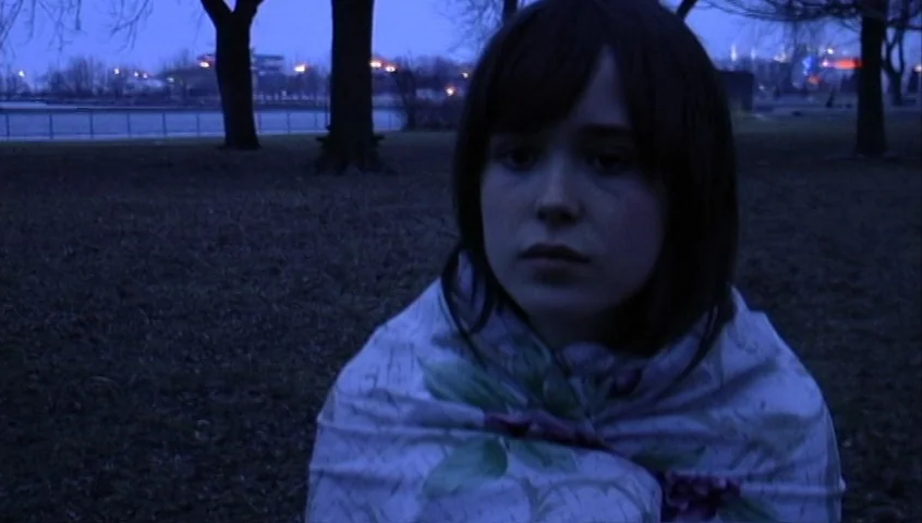 The Tracey Fragments (2007) movie still: medium — An outdoor park area is visible during the blue hour with scattered trees. A young woman sits in…
