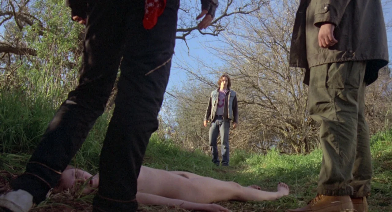 River’s Edge (1986) movie still: medium — A clearing in a grassy meadow surrounded by bare-branched trees on a sunny day. Three people are present,…