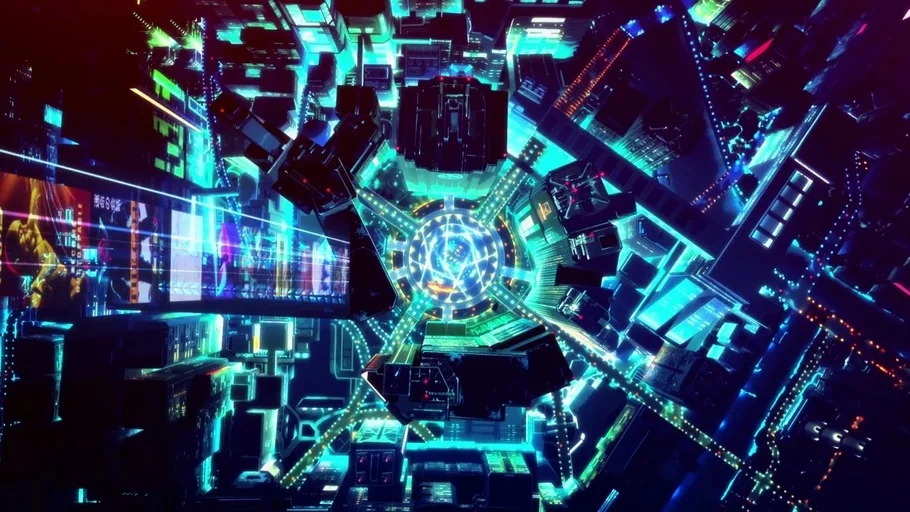 Cyberpunk: Edgerunners (2022) movie still: establishing — A dense futuristic city is viewed from a direct top-down vertical perspective. Luminous…