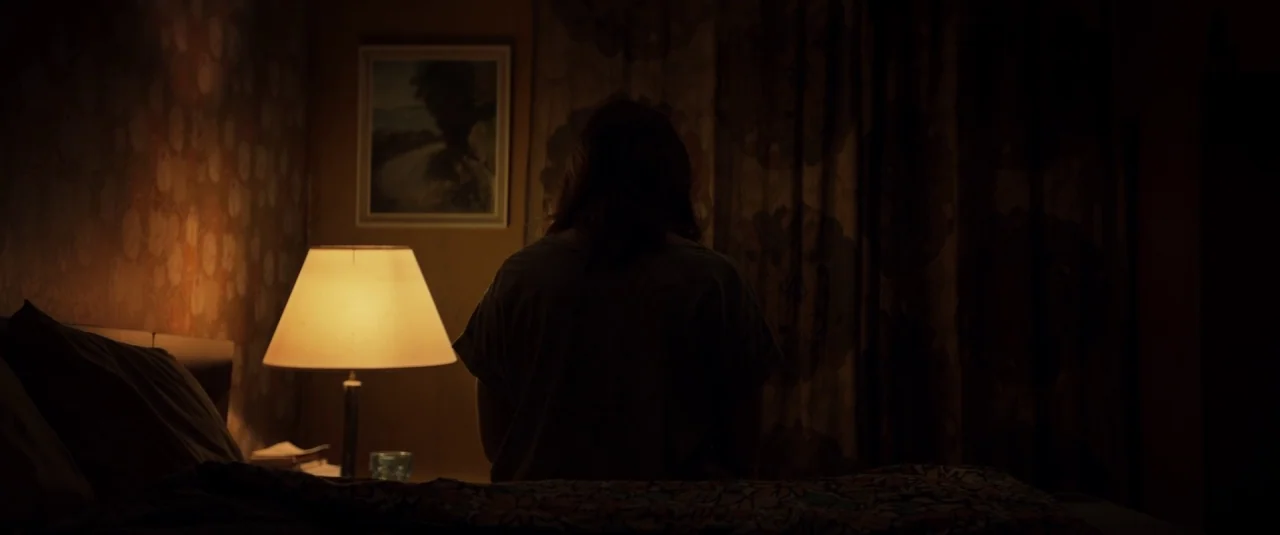 The Hole in the Ground (2019) movie still: medium — A dimly lit room features patterned wallpaper and heavy curtains drawn shut over a window. A…