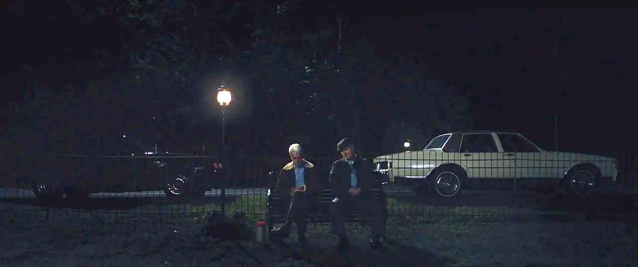 The Man Who Killed Hitler and Then the Bigfoot (2018) movie still: wide — A dimly lit park at night with a metal fence and parked cars nearby. Two…