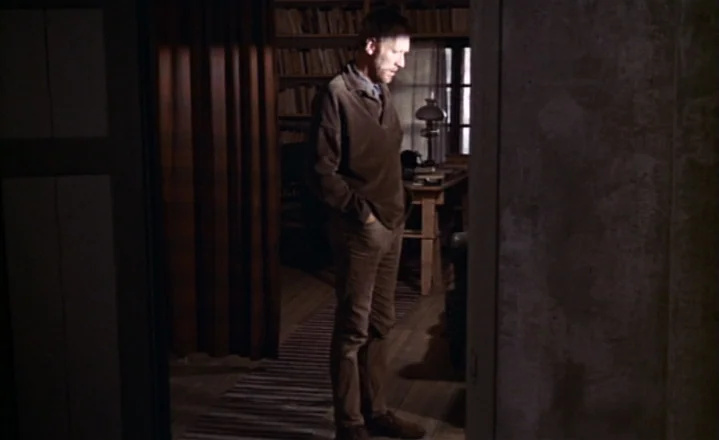 The Passion of Anna (1969) movie still: fullbody — A dimly lit room features bookshelves filled with books and a wooden desk. A man in brown clothes…