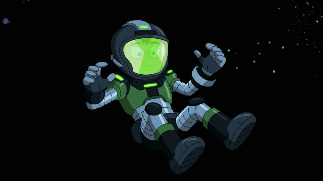 Ben 10 vs. the Universe: The Movie (2020) movie still: fullbody — A character in a green and grey spacesuit floats against the black void of space.…