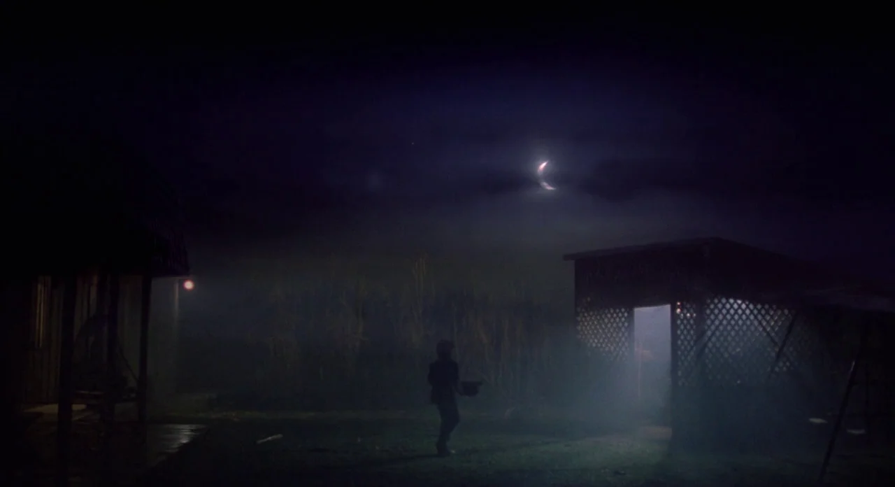 E.T. The Extra-Terrestrial (1982) movie still: wide — A nighttime yard is shrouded in dense fog under a crescent moon. A silhouette of a person…