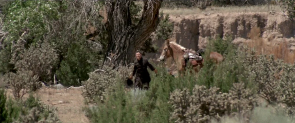 In A Valley of Violence (2016) movie still: wide — An arid canyon landscape with sparse scrub, cacti, and a gnarled, weathered tree trunk. A man in…
