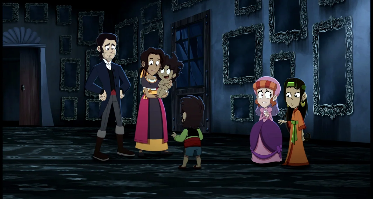 Las leyendas: El origen (2021) movie still: fullbody — A dark hallway filled with numerous empty black ornate frames on the walls. Five people stand…