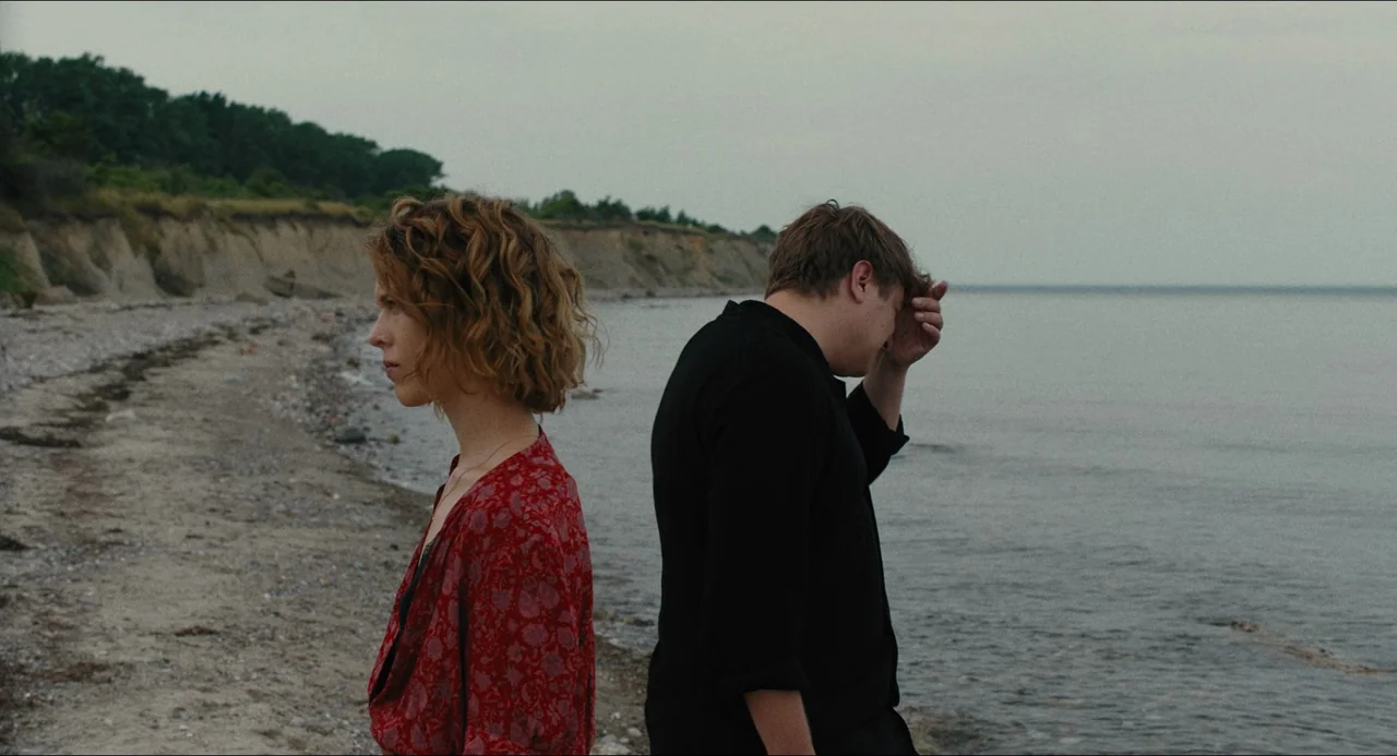 Afire (2023) movie still: medium — A desolate rocky shoreline under an overcast sky with distant bluffs. Two people stand back-to-back while facing…