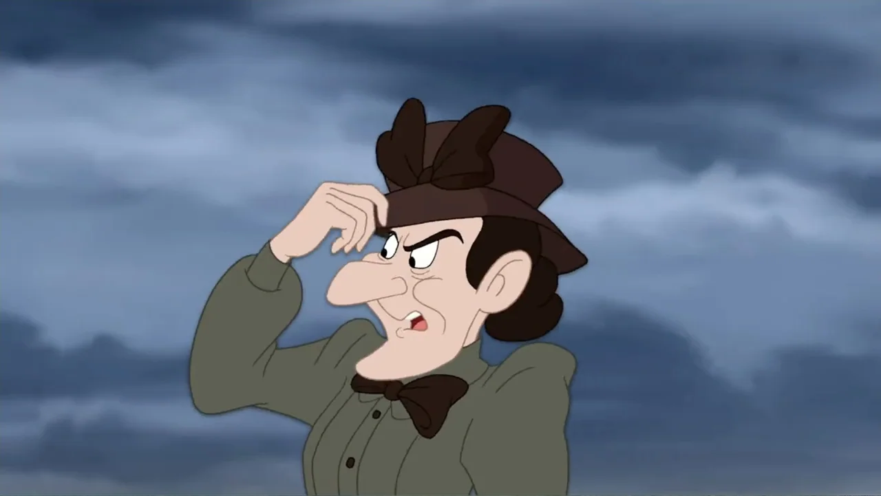 Tom and Jerry & The Wizard of Oz (2011) movie still: medium — A woman stands against a dark, overcast, and cloudy sky. She has a frustrated…
