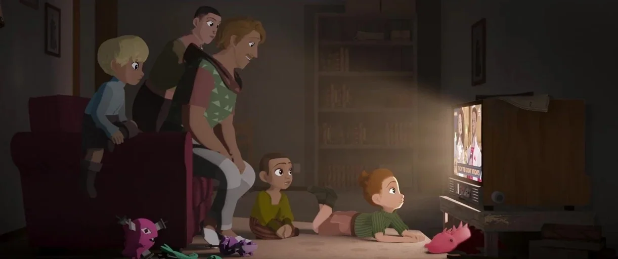 Nimona (2023) movie still: wide — A dimly lit room with a dark red armchair and a wooden television cabinet. A family sits together on a rug and the…