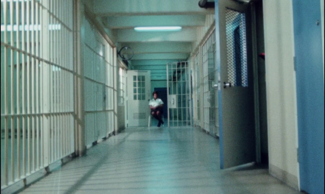 Female Trouble (1974) movie still: wide — A long hallway with barred enclosures features pale flooring and white metal walls. A person sits alone on…