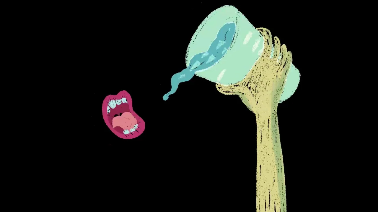 Collective: Unconscious (2016) movie still: closeup — A stark black background holds a hand-drawn illustration of a hand and a mouth. The hand tilts…