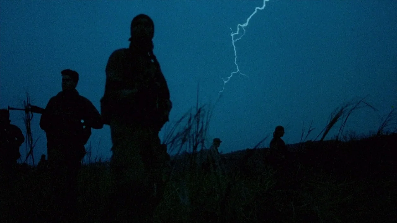 Platoon (1986) movie still: medium — A group of soldiers stand in a tall grass field at night. A bright bolt of lightning illuminates the sky behind…