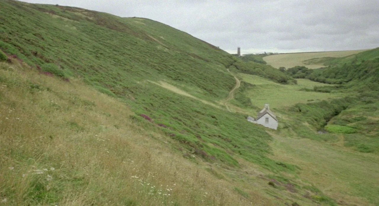 The Shout (1978) movie still: establishing — A vast, rolling green valley with a dirt path winding towards a small cottage. The landscape consists…