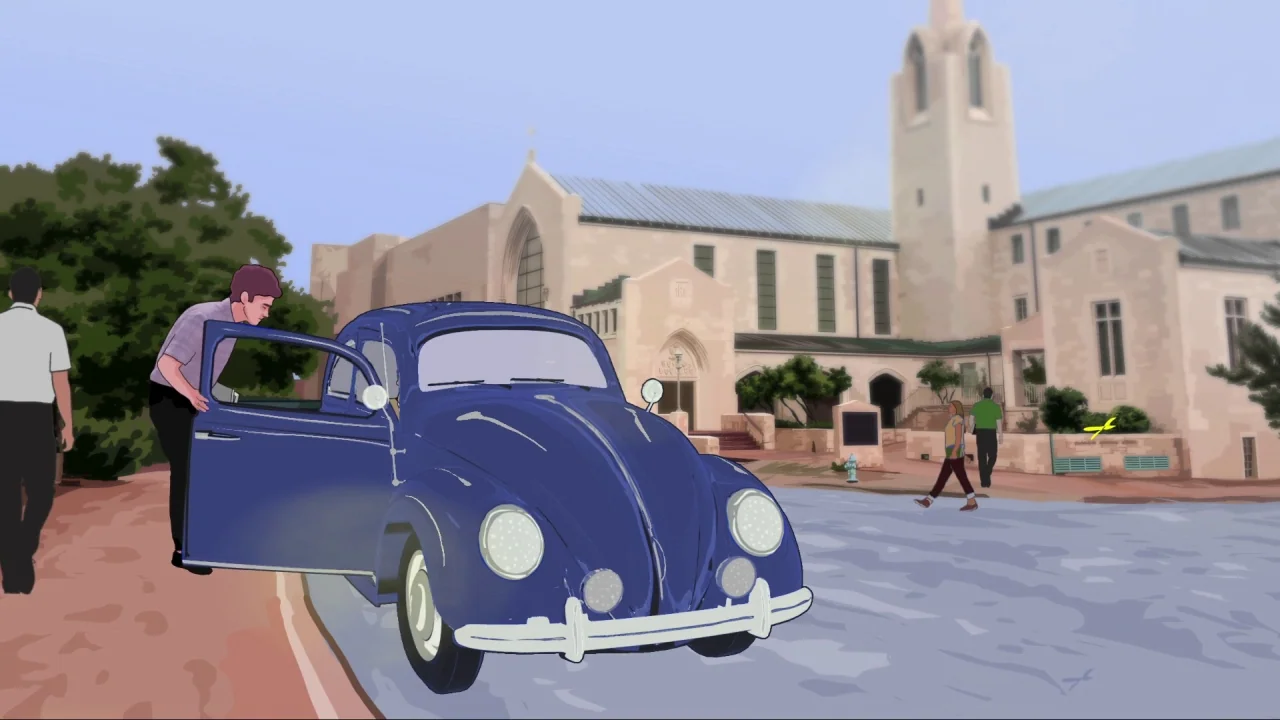 Tower (2016) movie still: wide — A stone church building stands behind a paved parking lot under a clear sky. A man leans into his parked blue…