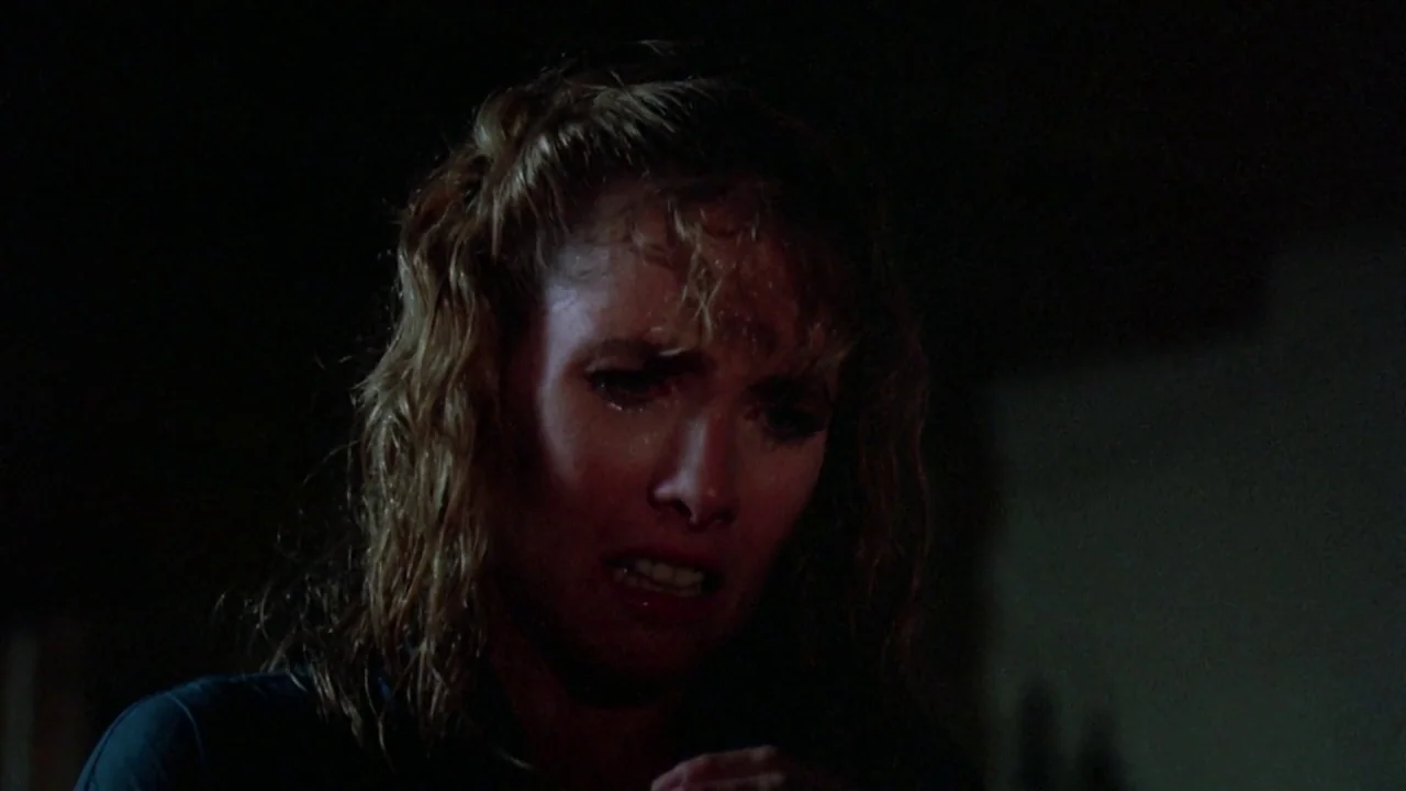 Friday the 13th: The Final Chapter (1984) movie still: closeup — A dark, dimly lit interior space with shadows obscuring the surroundings. A blonde…
