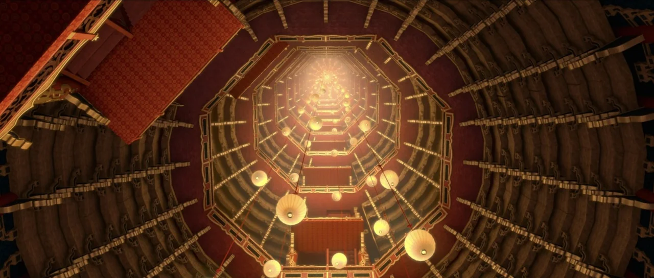 Kung Fu Panda 2 (2011) movie still: establishing — A vertical, multi-tiered wooden structure features concentric balconies and red decorative…
