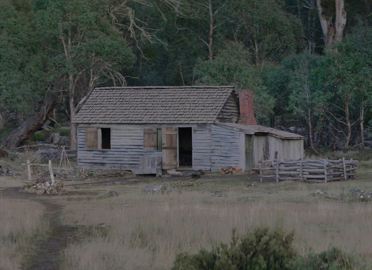 The Nightingale (2018) movie still: establishing — A weathered wooden cabin stands at the edge of a dense, dark forest area. A small wooden fence…
