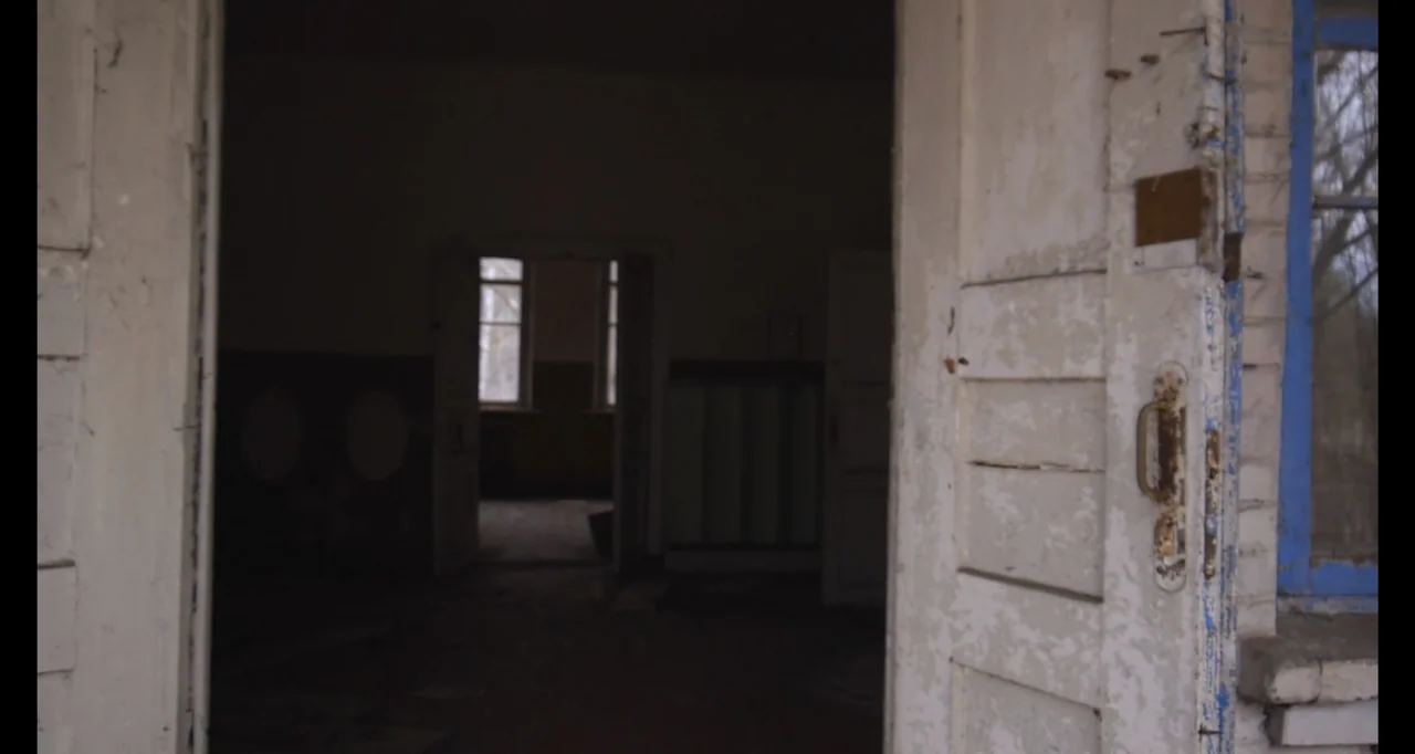 Chernobyl's Café (2016) movie still: wide — An aged interior space with peeling white paint and a rusting metal handle. The doorway opens into a…