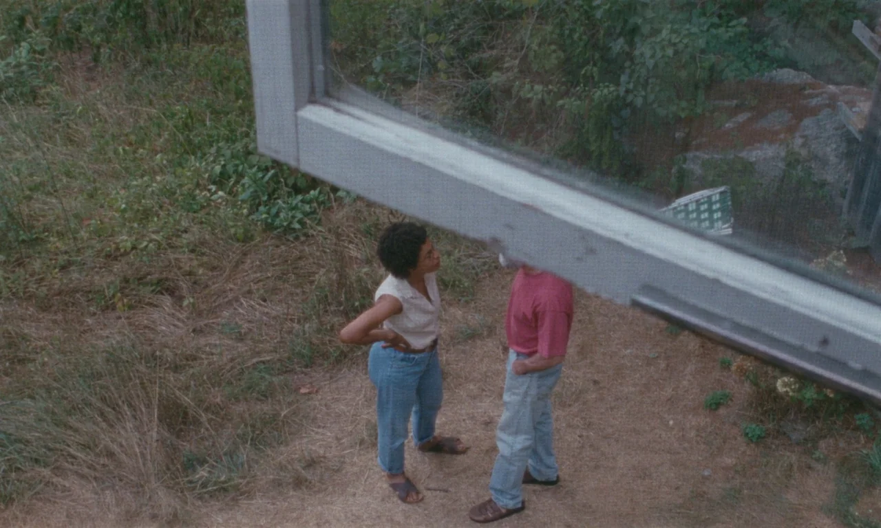 Janet Planet (2023) movie still: wide — A man and woman stand on patchy dry grass near a large window frame. The frame of the window cuts across the…