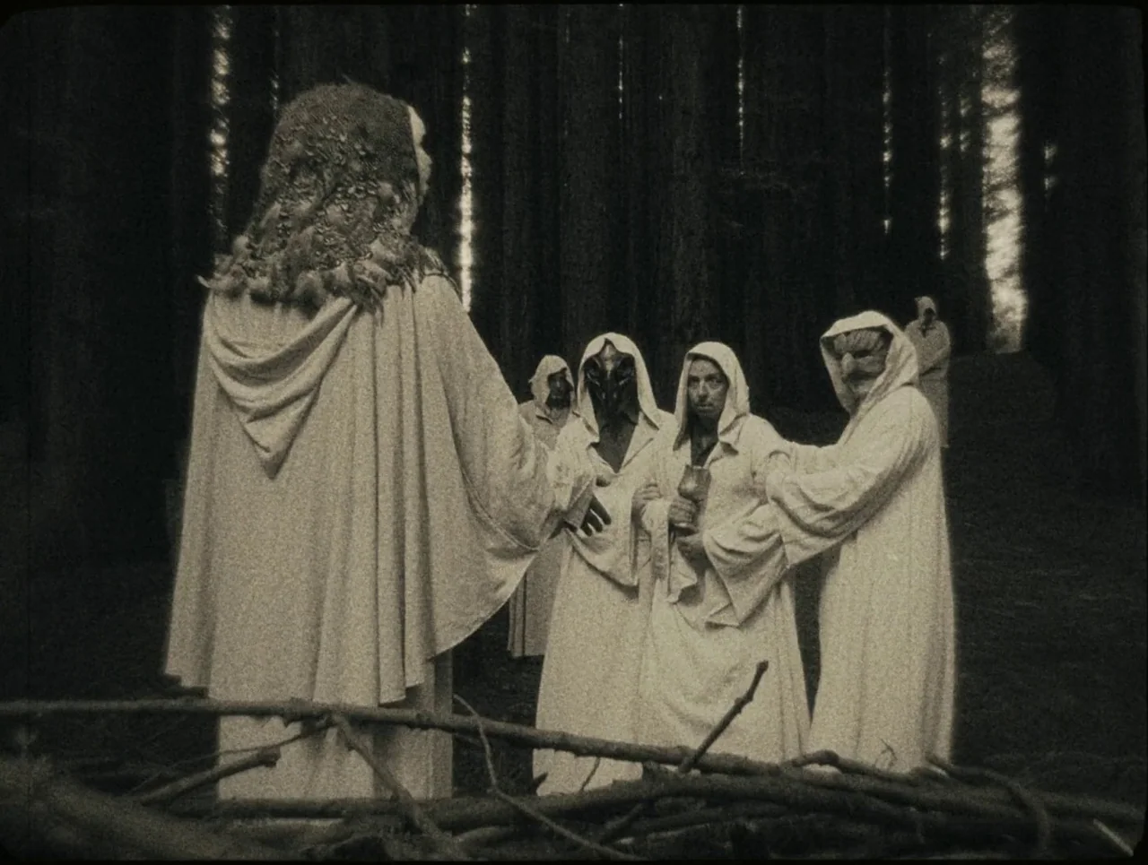 Late Night With The Devil (2023) movie still: fullbody — A group of figures in white hooded robes gathers among tall, dark tree trunks. One figure…