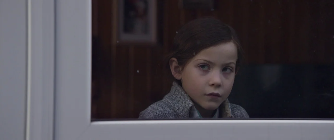 Room (2015) movie still: closeup — A dimly lit interior view of a girl looking out through a white-framed window. The background inside the house is…