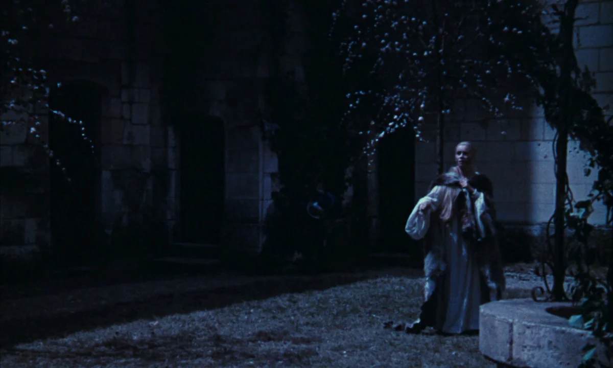 Donkey Skin (1970) movie still: wide — An exterior stone courtyard at night features ancient masonry walls and dark doorways. A woman in a long…