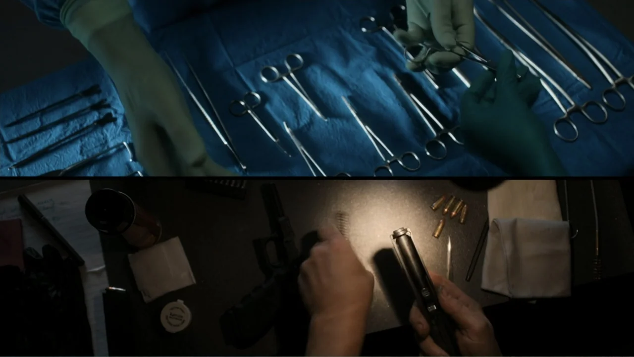 Death Wish (2018) movie still: closeup — Two split-screen frames show a surgical tray and a dark work surface side by side. Medical instruments and…