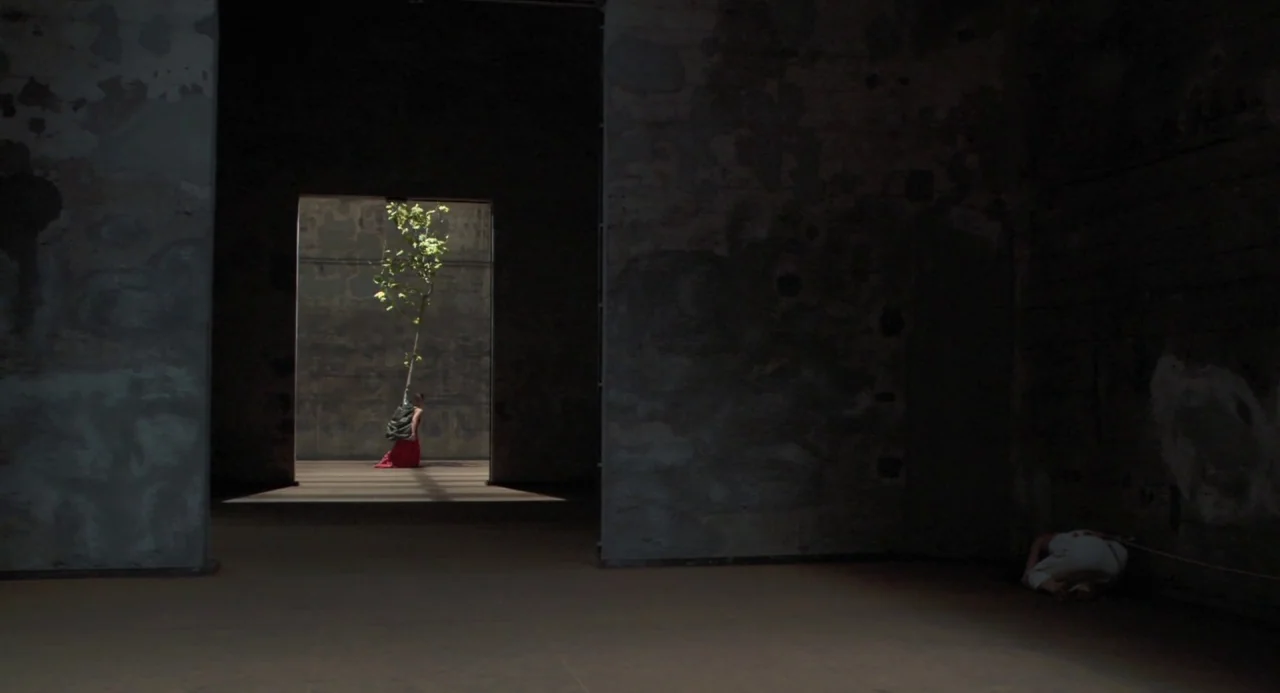 Pina (2011) movie still: wide — An expansive, dark industrial concrete space with rough, aged walls and high ceilings. A person kneels in a distant…