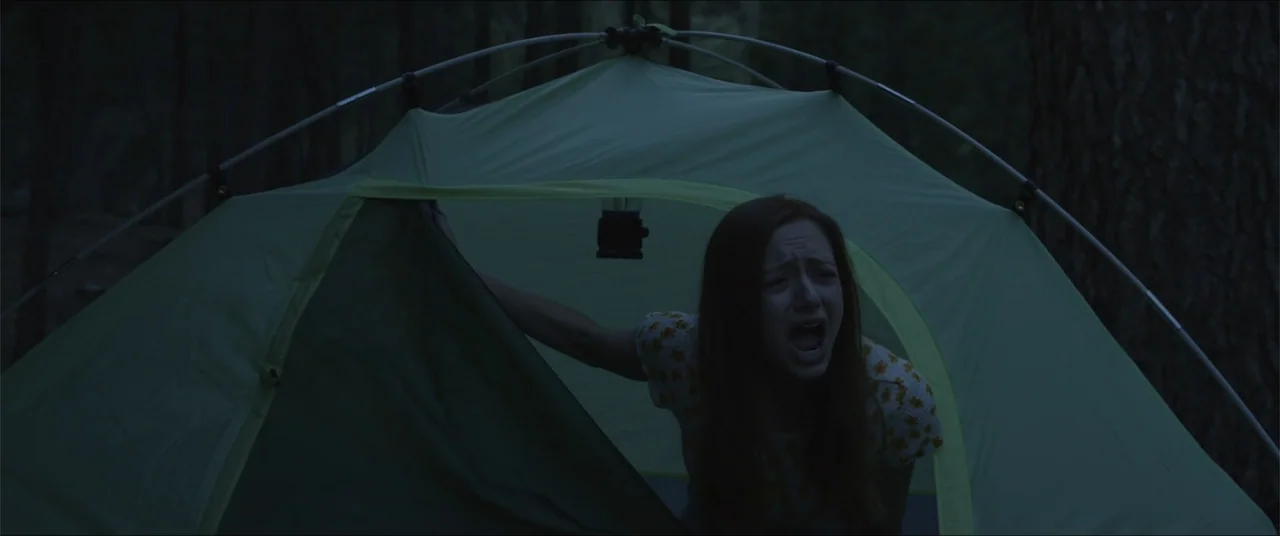 Captive (2020) movie still: medium — A green dome-style tent sits in a dark, wooded area at night. A young woman screams while peering out from the…