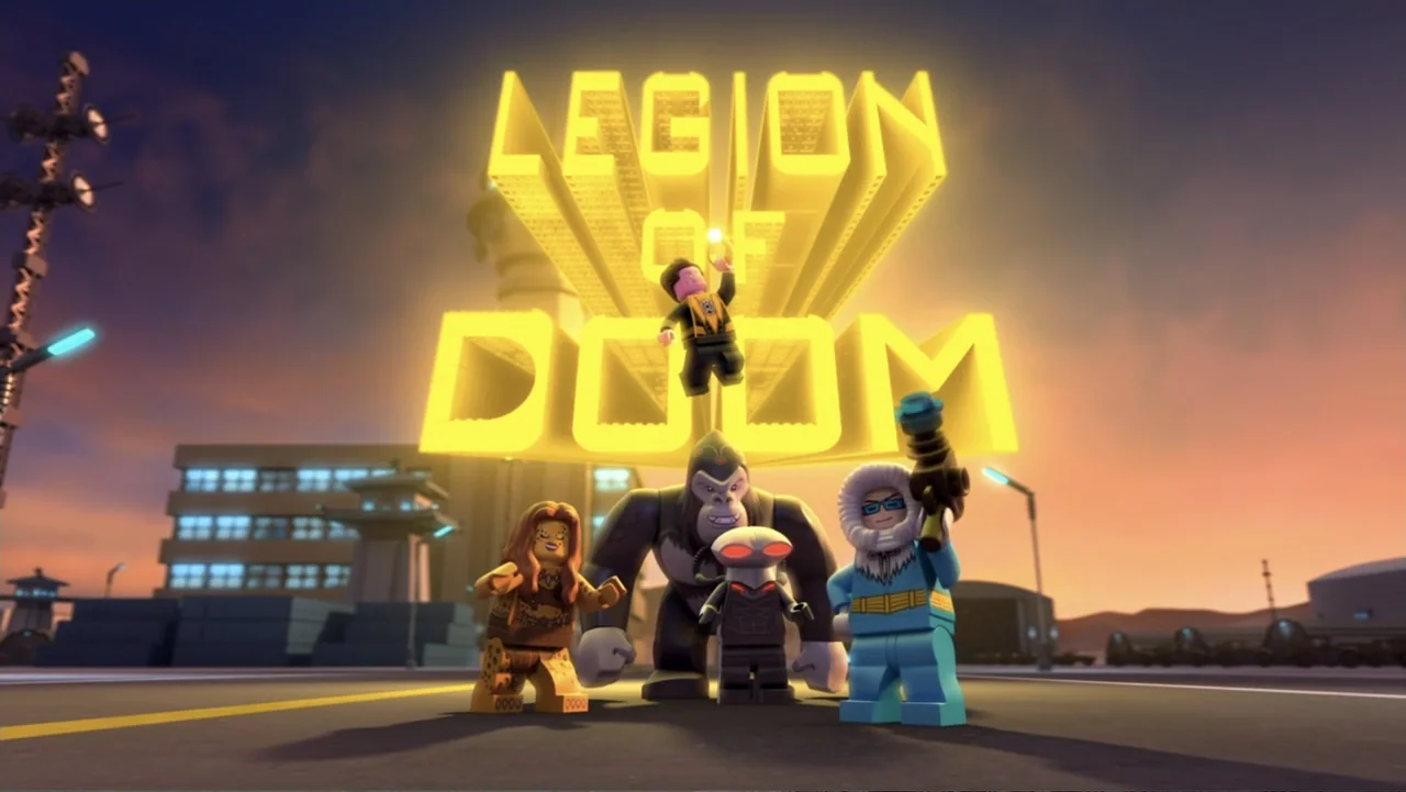 LEGO DC Comics Super Heroes: Justice League - Attack of the Legion of Doom! (2015) movie still: fullbody — An airfield at sunset features a large…