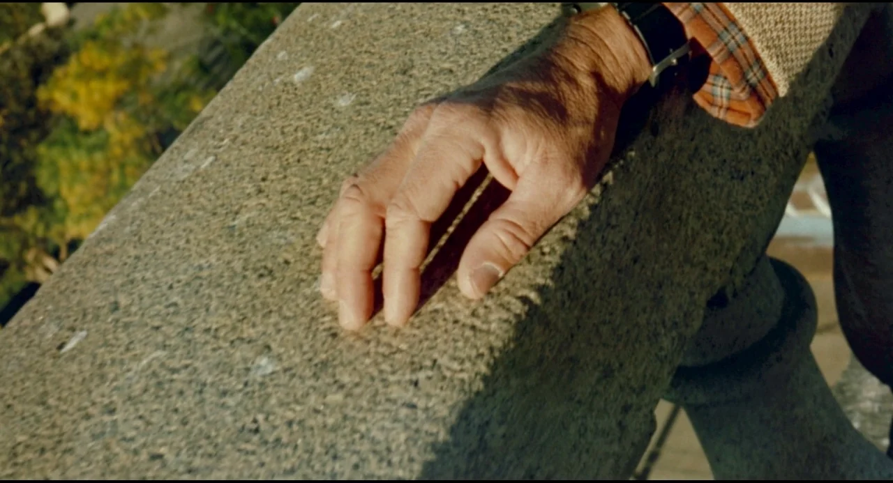 Olivia (1983) movie still: closeup — An outdoor stone balustrade features a textured, light grey granite surface under bright sunlight. A person's…