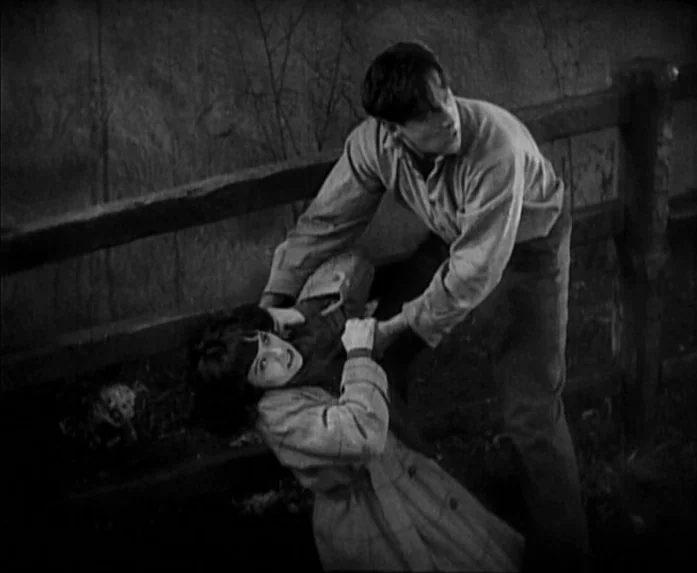 Sunrise (1927) movie still: medium — A rural setting at night features a dark, wooden post-and-rail fence. A man holds a woman by her trench coat…
