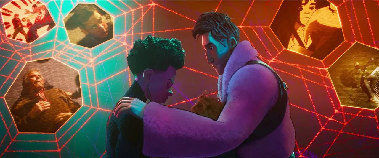 Spider-Man: Across the Spider-Verse (2023) movie still: medium — An abstract digital space filled with hexagonal frames displaying shifting,…