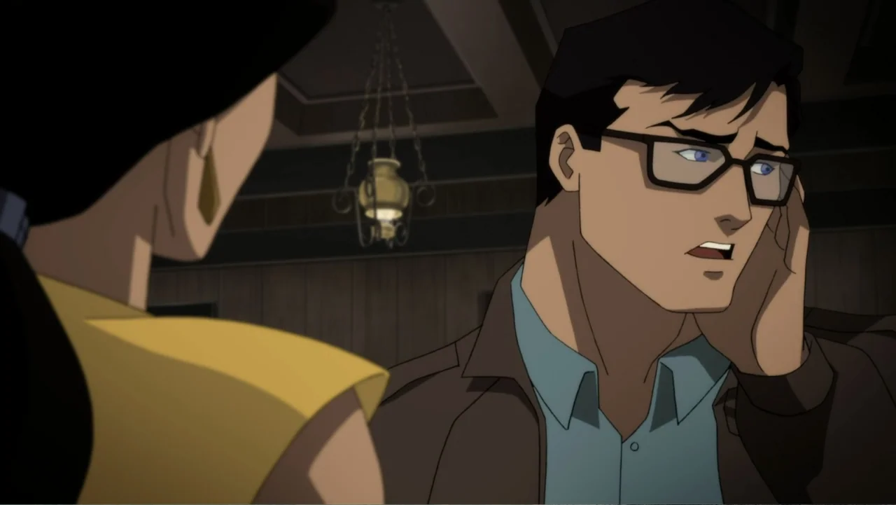 Reign of the Supermen (2019) movie still: medium — An interior living room features wood-paneled walls and a hanging light fixture. A man in glasses…