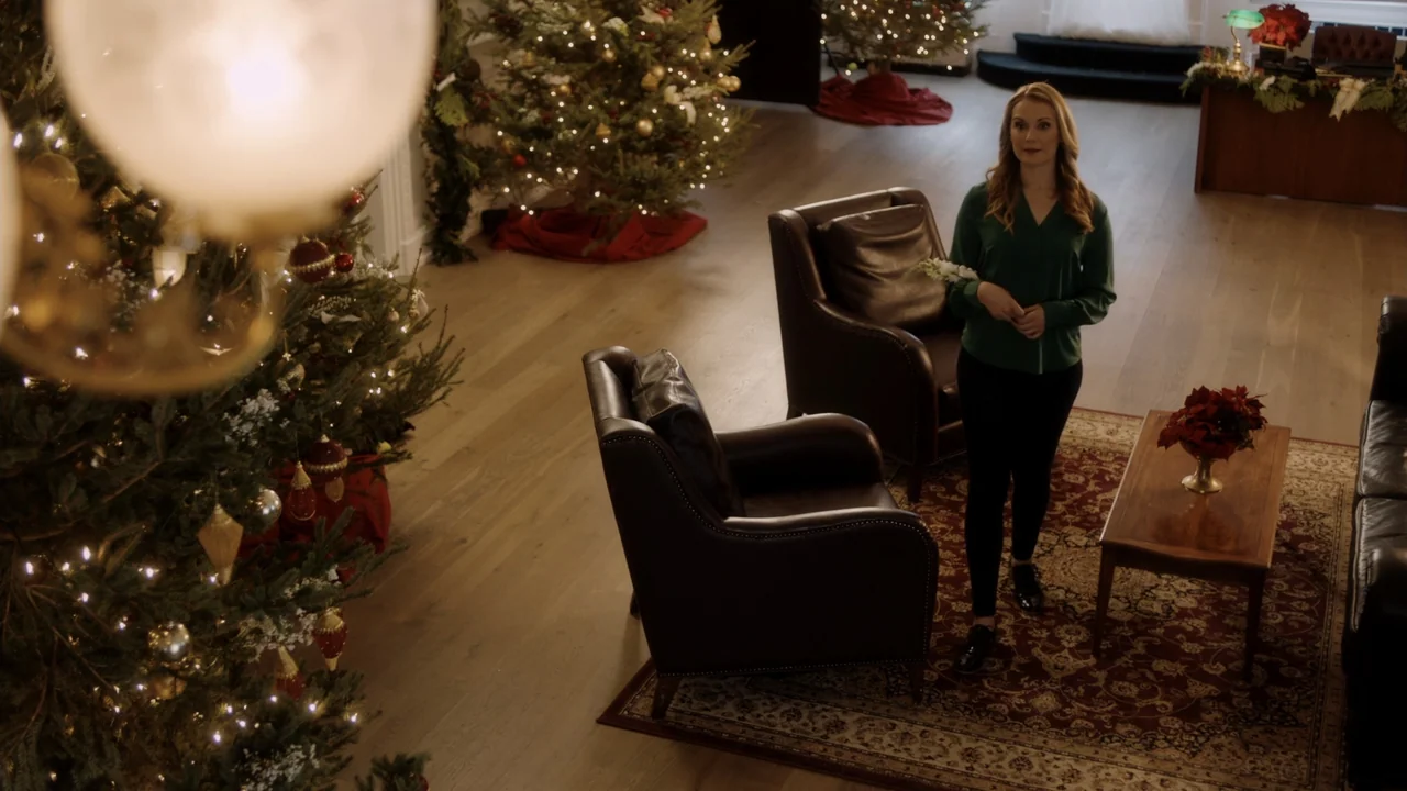 Christmas in Washington (2003) movie still: fullbody — A spacious room is decorated for the holidays with multiple lit Christmas trees.