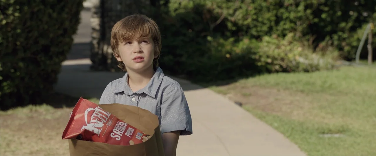 Lights Out (2016) movie still: medium — A suburban sidewalk lined with green hedges and trees during the day. A young boy holds a brown paper bag…