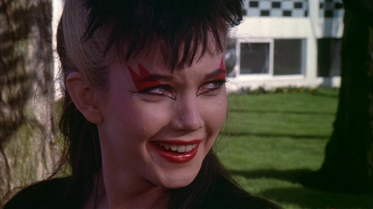 Ladies and Gentlemen, the Fabulous Stains (1985) movie still: closeup — A green lawn sits in front of a white building with checkered accents. A…