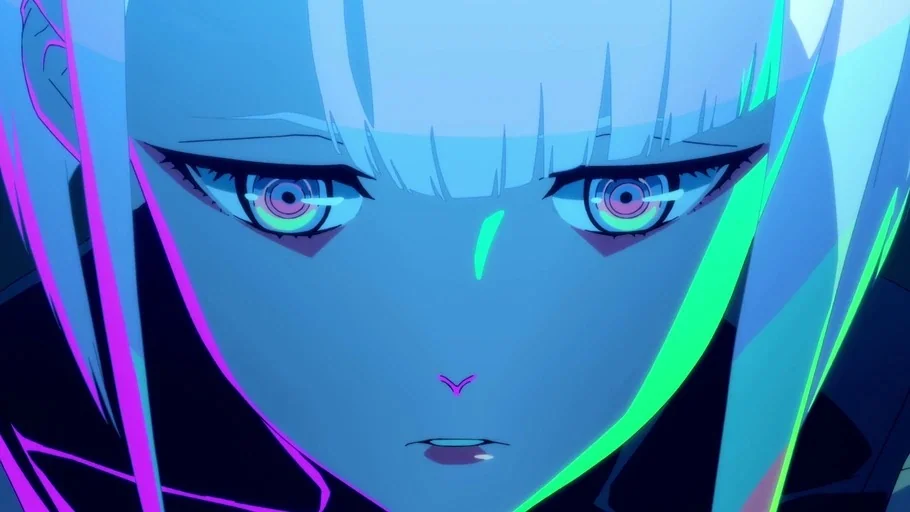 Cyberpunk: Edgerunners (2022) movie still: closeup — A dark environment lit by saturated neon light sources. A young woman with white hair stares…