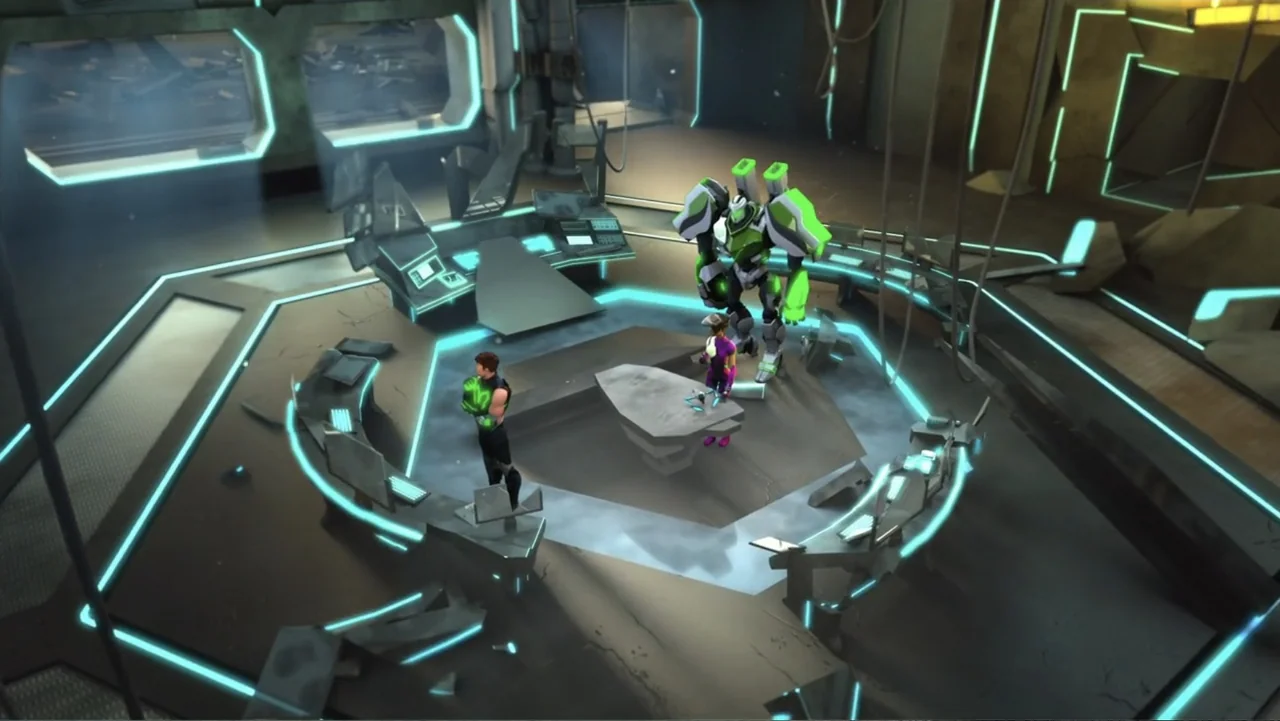 Max Steel: Turbo Warriors (2017) movie still: wide — A high-tech command center features dark metallic surfaces illuminated by glowing neon blue…