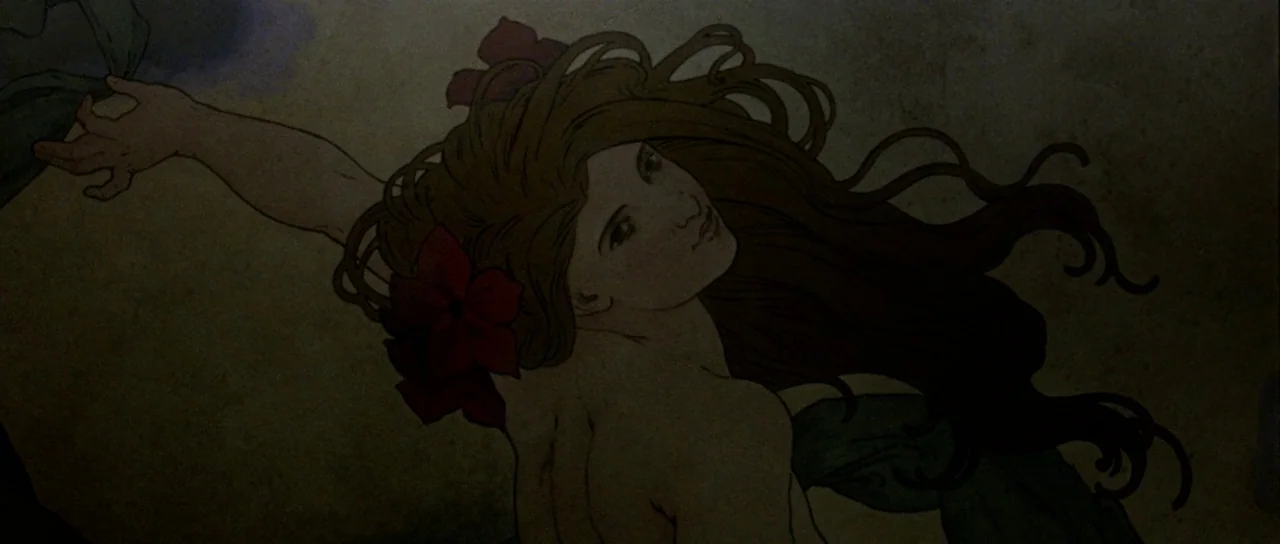 The Strange Colour of Your Body’s Tears (2013) movie still: closeup — A mural painting depicts a stylized woman against a weathered, beige textured…