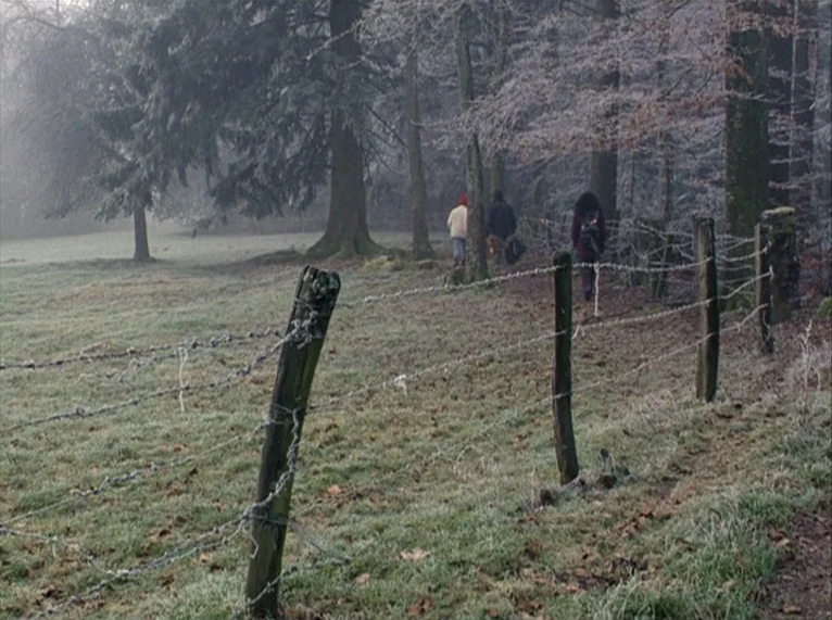 For Ever Mozart (1996) movie still: wide — A frost-covered field bordered by a barbed wire fence stretches toward a dense forest. Three people walk…
