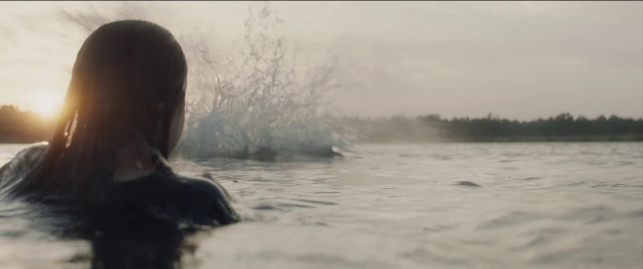 The Peanut Butter Falcon (2019) movie still: medium — A calm lake during the golden hour with soft sunlight hitting the horizon. A young person with…