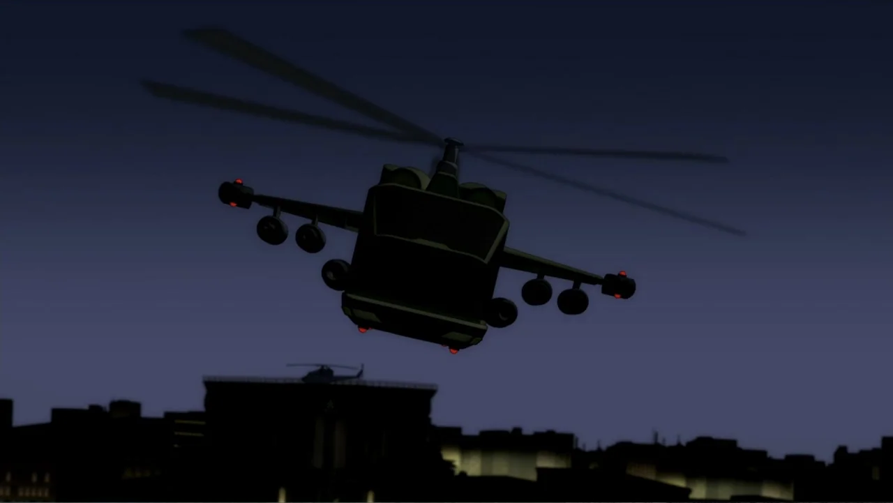 Batman: The Dark Knight Returns, Part 1 (2012) movie still: wide — A dark military helicopter flies across a deep blue night sky over a city.…