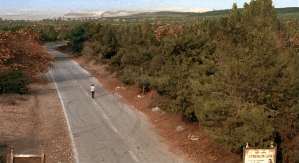 Freddy’s Dead: The Final Nightmare (1991) movie still: wide — A desolate rural asphalt road runs through a landscape of pine trees and brush. A lone…