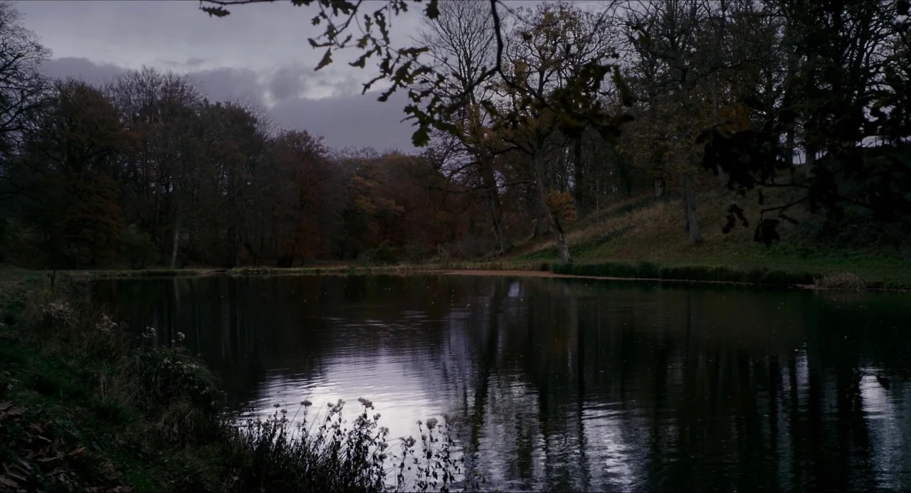 The Falling movie still: wide — A dark pond sits surrounded by autumnal trees under a heavy, overcast grey sky. Bare branches overhang the water's…