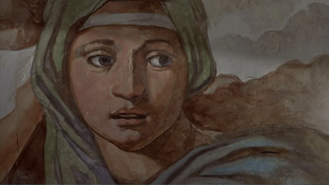 Music from Another Room (1998) movie still: closeup — A textured wall features a detailed fresco painting of a woman in a hood. The painted subject…