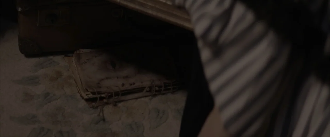 Cinderella's Curse (2024) movie still: closeup — A dimly lit residential room floor with a patterned carpet under a wooden table. A weathered book…